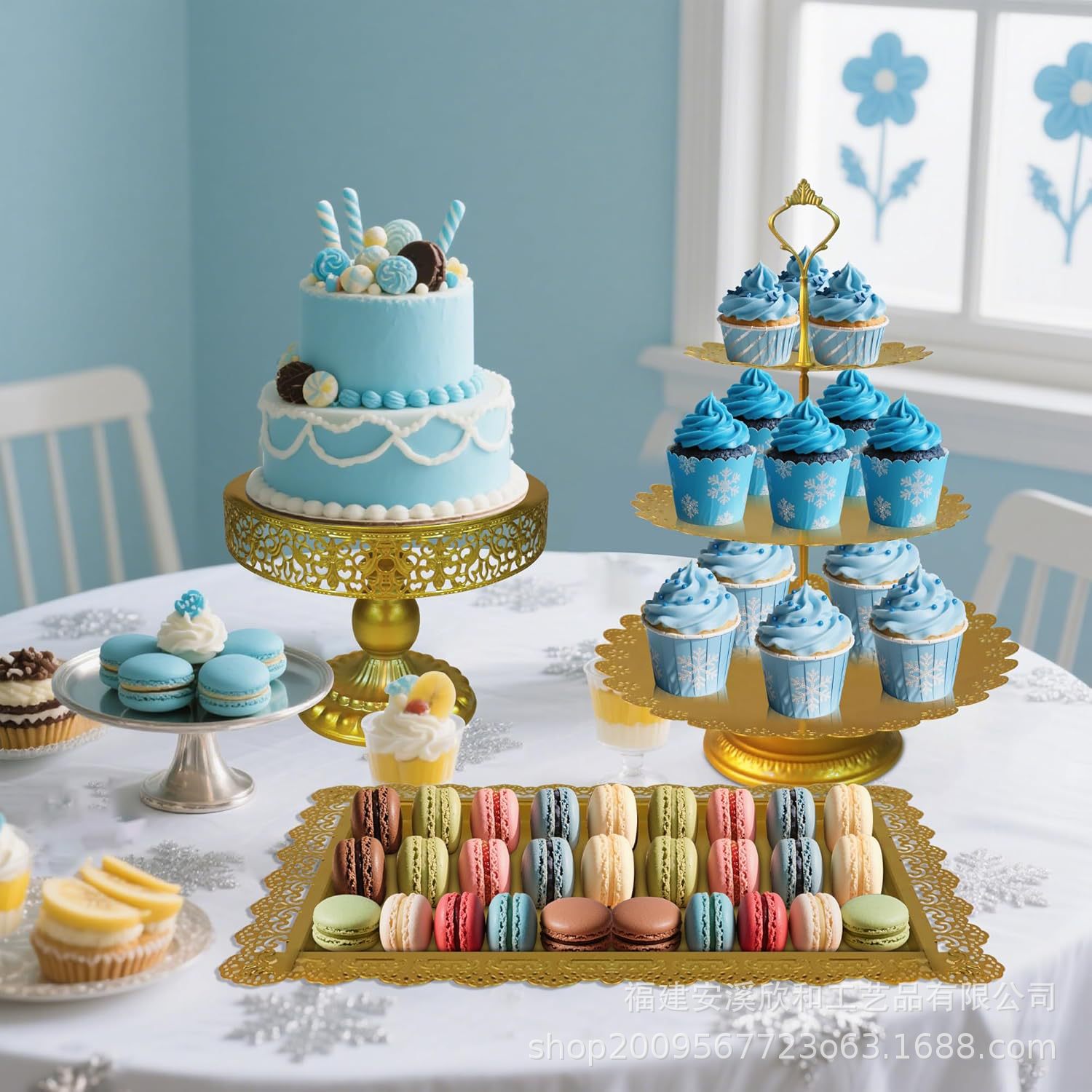 Mayorista hierro forjado estante de pastel de tres piezas set de postres postres altos pies dorados props de boda fiesta postres tabla de exhibición estante