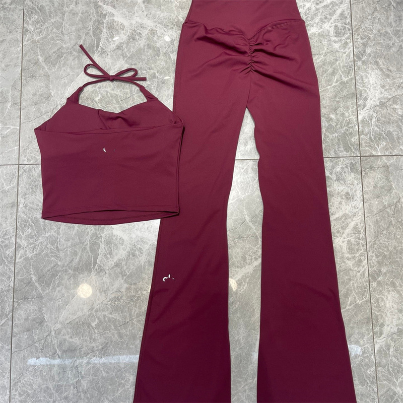 Al* Women's Sports Casual Set Summer Halter Neck Strap Top and Flared Pants Two-Piece Slimming Sportswear Al* Women's Sports Casual Set Summer Halter Neck Strap Top and Flared Pants Two-Piece Slimming Sportswear