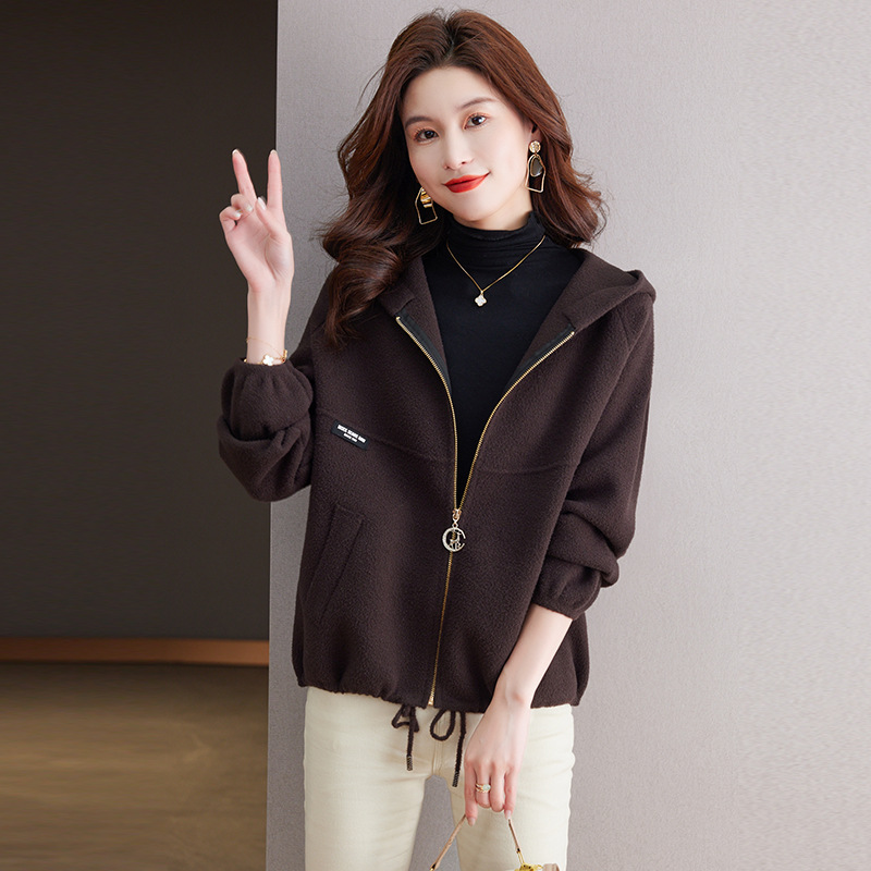 Women's hooded woolen coat spring and autumn loose autumn clothing 2023 new short small top cardigan jacket