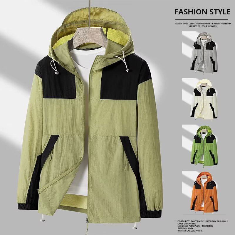 봄과 가을 새로운 남성 야외 유행 브랜드 지퍼 자켓 후드 작업복 윈드 브레이커 자켓 컬러 매칭 캐주얼 자외선 차단 의류