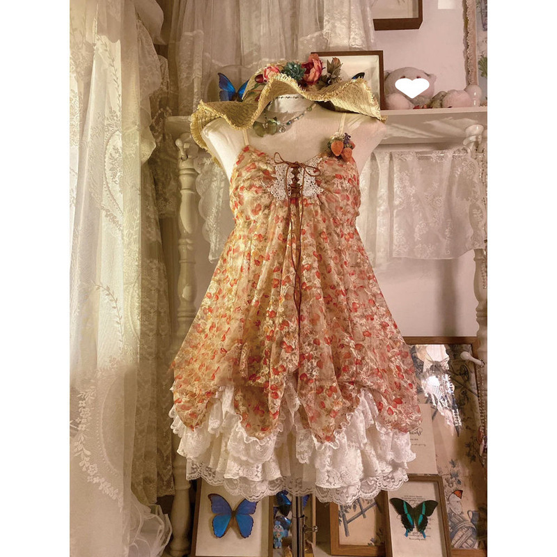 Vintage Strawberry Bud Dress, Lace Sweet Cute Japanese Style 2025 Petite Sweet Girl Strap Dress