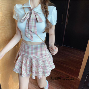 College Style Pleated Skirt Two-Piece Set Jk Plaid Skirt Student Suit Girl Summer Live Broadcast Clothes Female Anchor