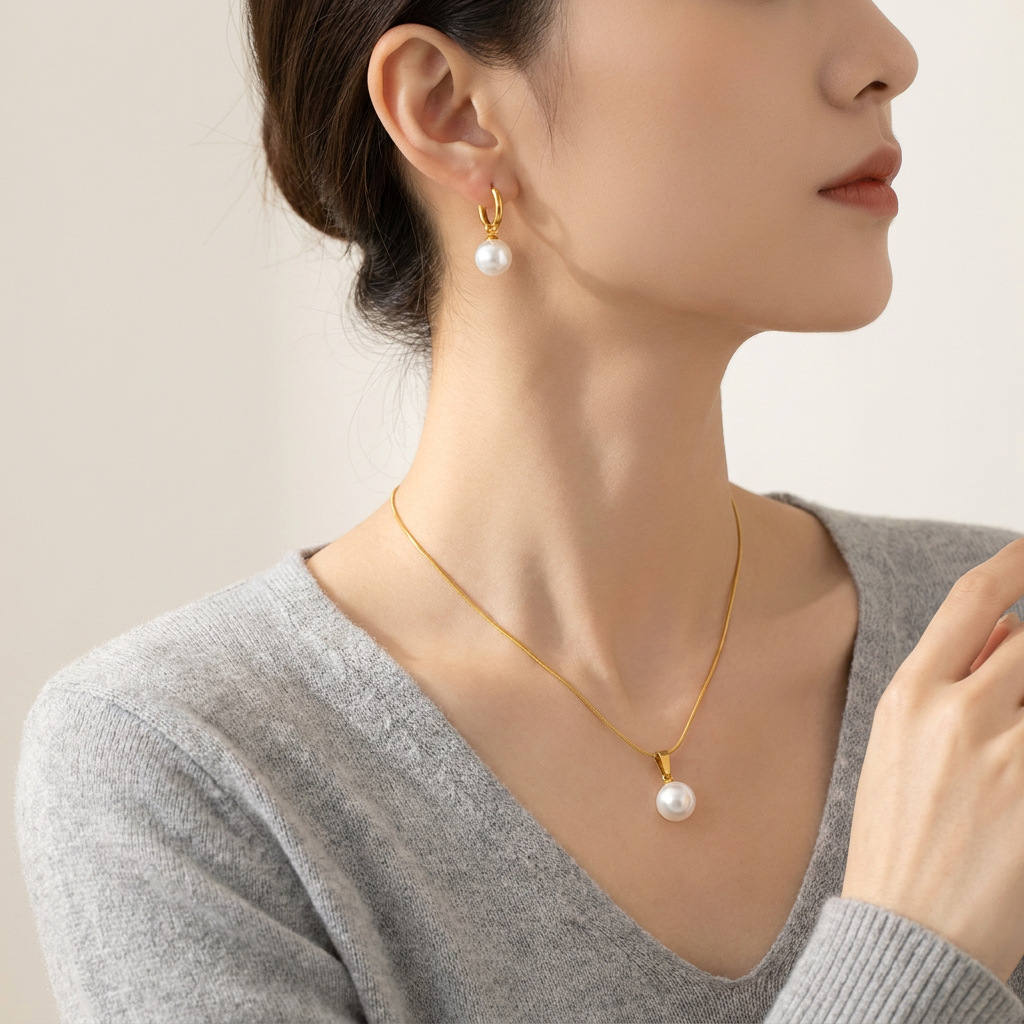 New European and American cross-border pearl necklace, fashionable, simple, versatile, casual, gentle style, clavicle chain women's jewelry set