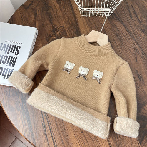 Children's Autumn/Winter One-Piece Fleece Sweater for Boys and Girls, Winter Fleece Lining Base Shirt for Kids, Baby Thicker Knit Topwear, Trendy