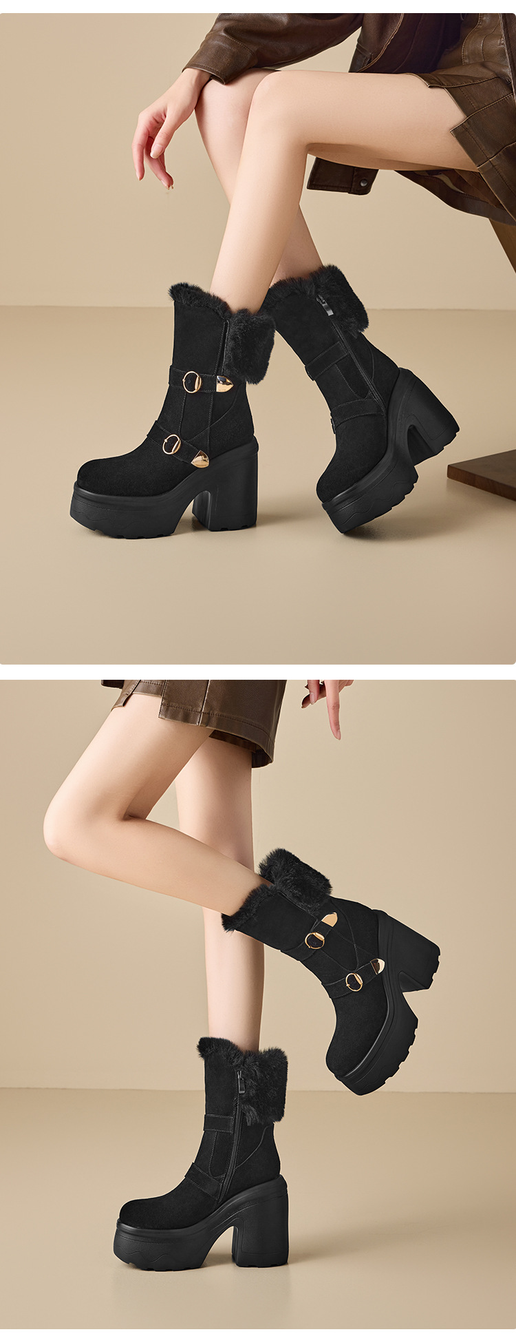 Boot nữ cổ cao ôm bắp chân đế dày 12 cm mũi tròn khóa thắt lưng — nhung nâu chi tiết 6