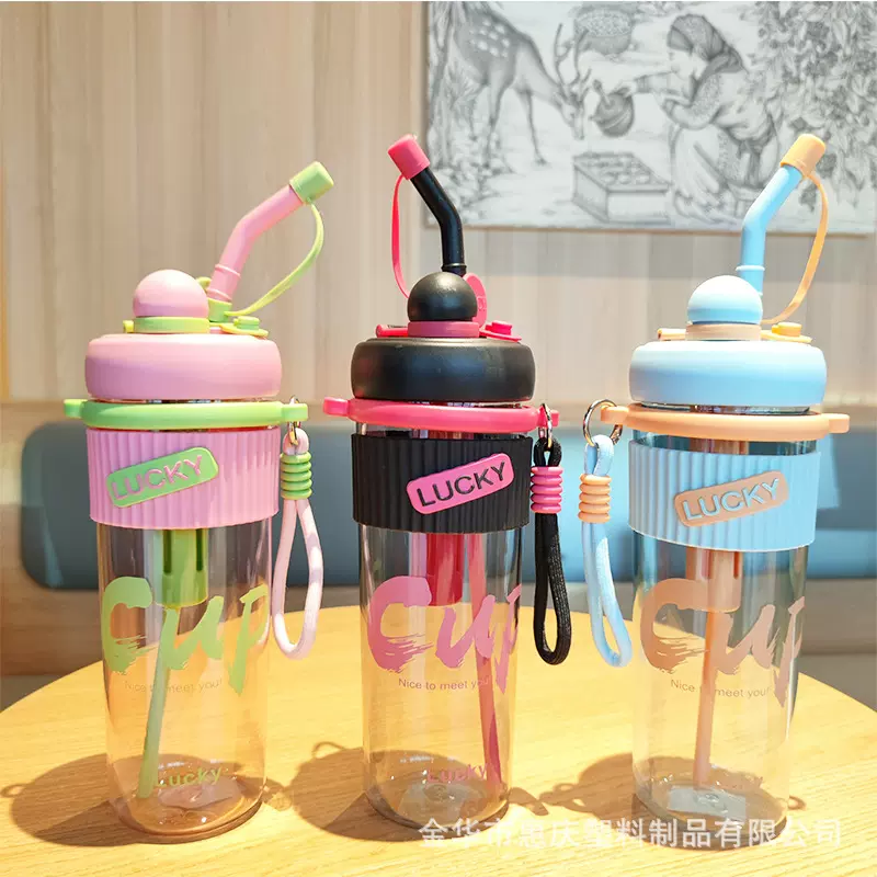 跨境电商双饮吸管茶漏塑料水杯便携提手学生女车载办公室创意水瓶