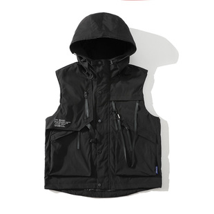 MJ83 Autumn New Couple Hooded Ribbon Tooling Function Vest Leisure Sleeveless Foreign Trade Cross-border a generation of hair
