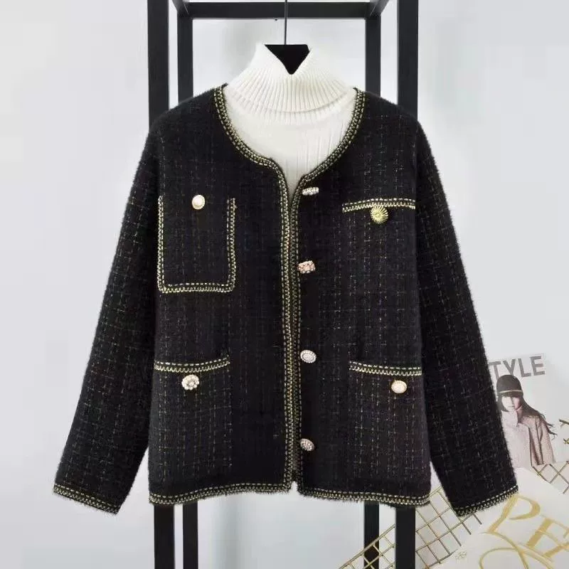 Женский твидовый кардиган‑жакет для осени, в стиле Chanel, круглый вырез, длинный рукав, чёрный/белый