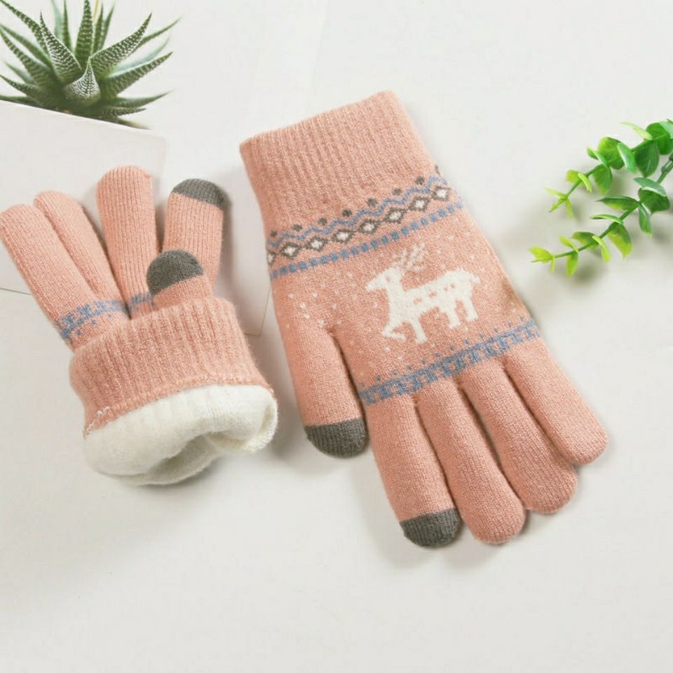 小鹿款保暖手套五指触屏毛线针织棉保暖学生大人骑行卡通韩版手套