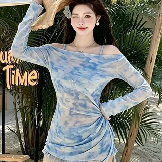 新款比基尼泳衣女修身网纱扎染辣妹长袖纯欲泳衣夏