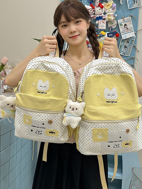 日系新款高颜值清新甜美可爱猫咪波点背包初高中生轻便春游双肩包|undefined