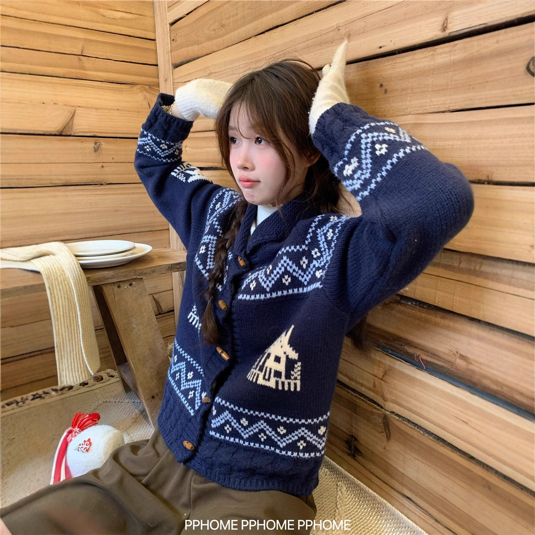 New Fair Isle women's autumn retro sweater with duffle coat, autumn top, women's design knitted cardigan