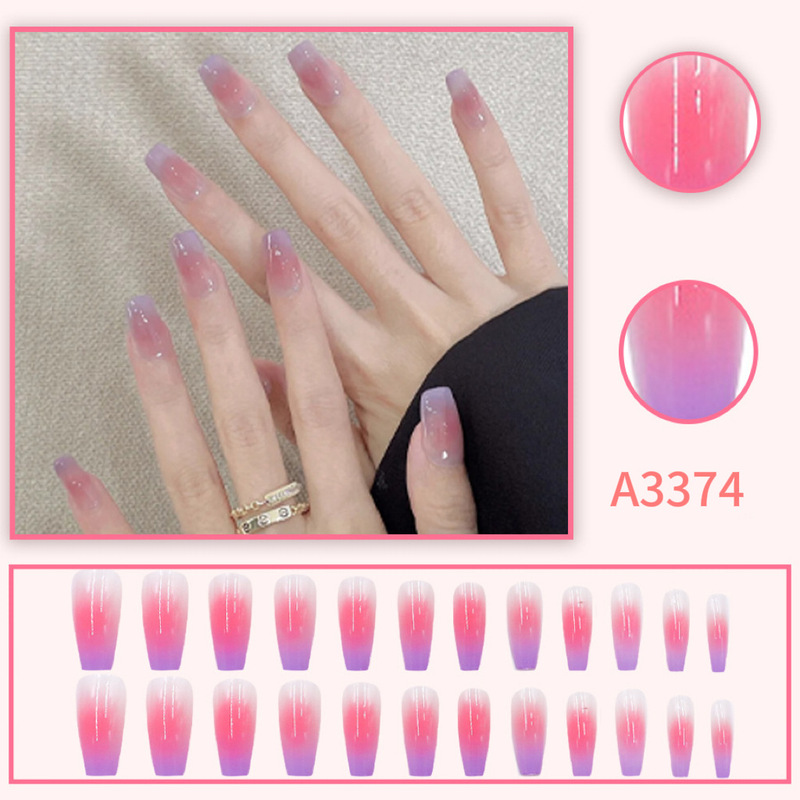 Long Trapezoidal Pink-Purple Gradient Press-On Nails with a Pure, White-Enhancing Nude Blush Effect, Available for Wholesale