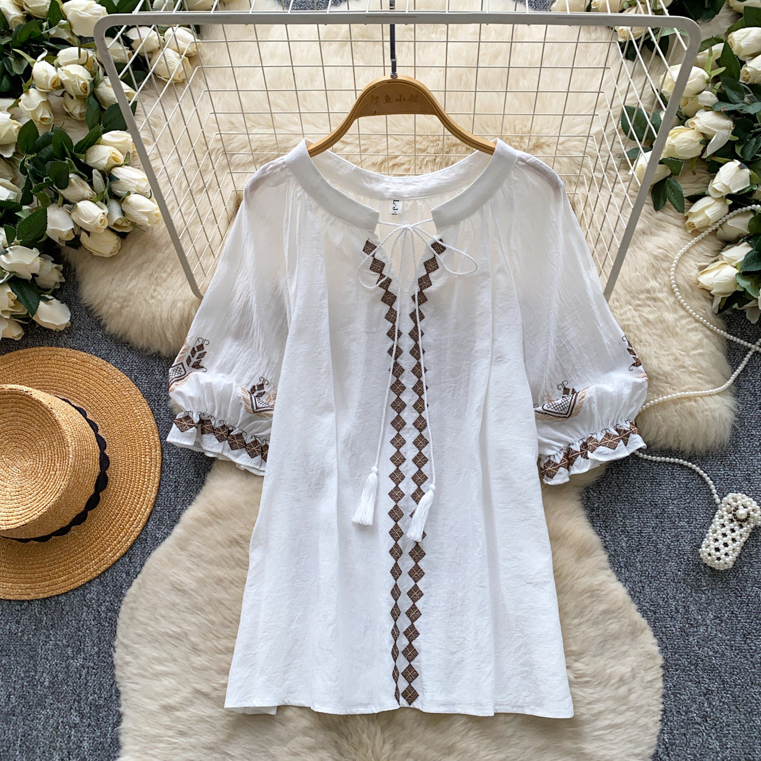 Elegant French Style Blouse for Women Red Embroidered Puff Sleeve Loose Fit Tie Waist Babydoll Top Spring Fashion_ecoleips.com