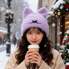 跨境新款猫咪耳朵针织帽刺绣毛线帽可爱秋冬保暖套头帽子外贸冷帽