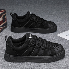 Shell-toe Men's Shoes for Autumn/Winter Construction Work, All-black Protective Work Shoes, Waterproof, Men's Trend Brand Sports Sneakers, Thick-soled