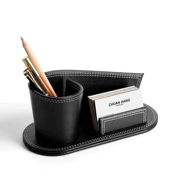 Office Supplies Leather Pen Container with Business Card Storage Seat Creative Multifunctional Leather Stationery Storage Box Gift Ornaments