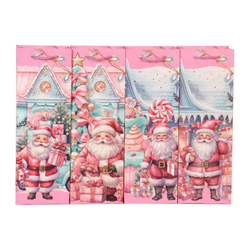 粉色红酒袋烫金白卡圣诞纸袋外贸跨境新年款礼品袋圣诞老人手提袋