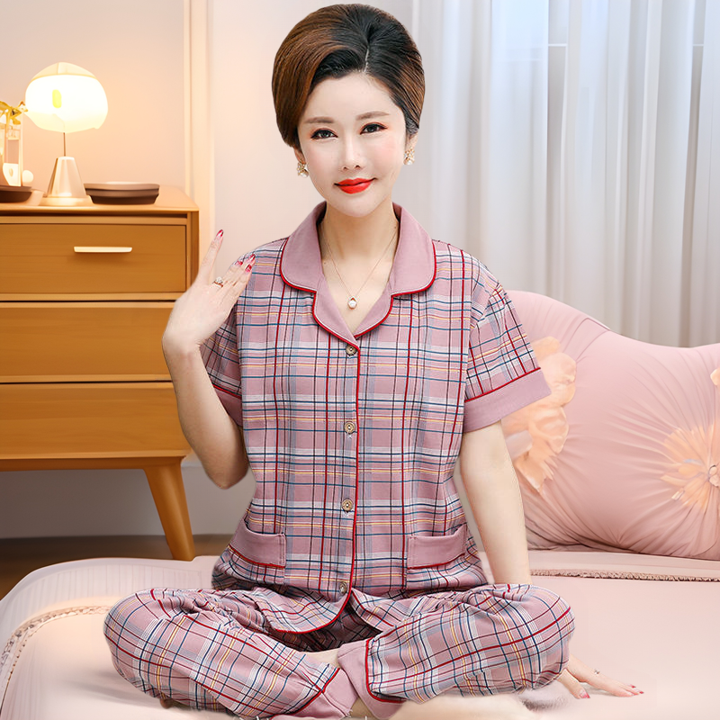 100%纯棉中老年睡衣女短袖长裤薄款老人两件套宽松翻领家居服可外