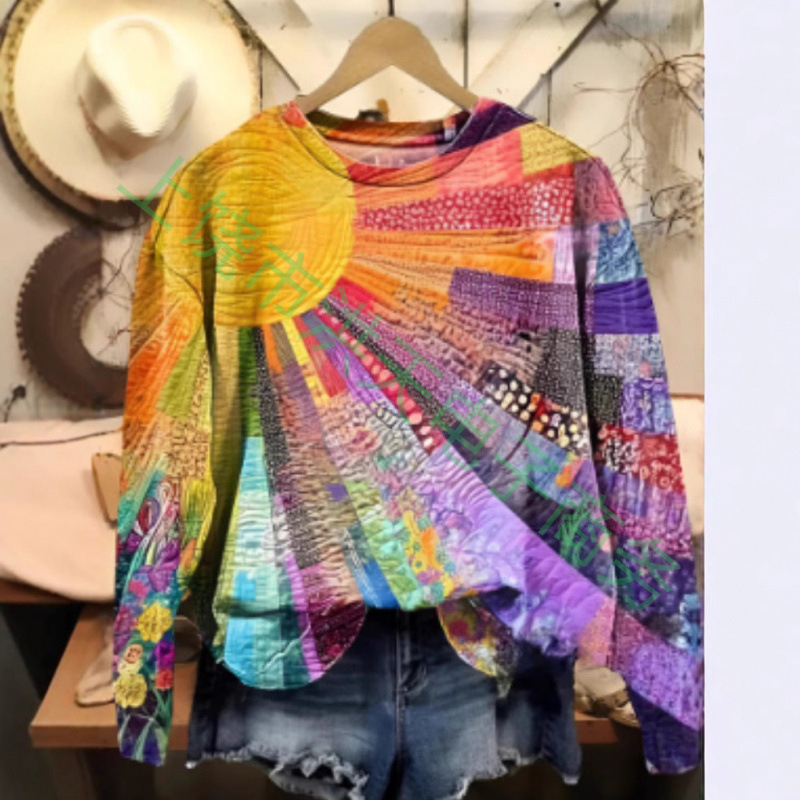 Round neck, Amazon cross-border bestseller, 3D digital print sun pattern, five-color men's sweatshirt, graffiti style, vibrant colors