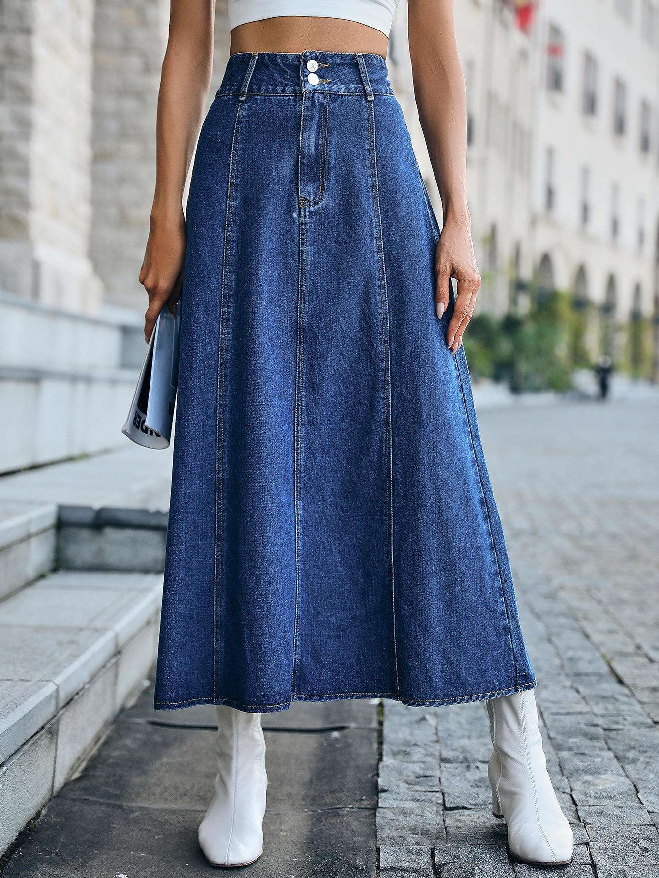 A-Line High Waist Loose Mid-Length Denim Skirt NSJM105169