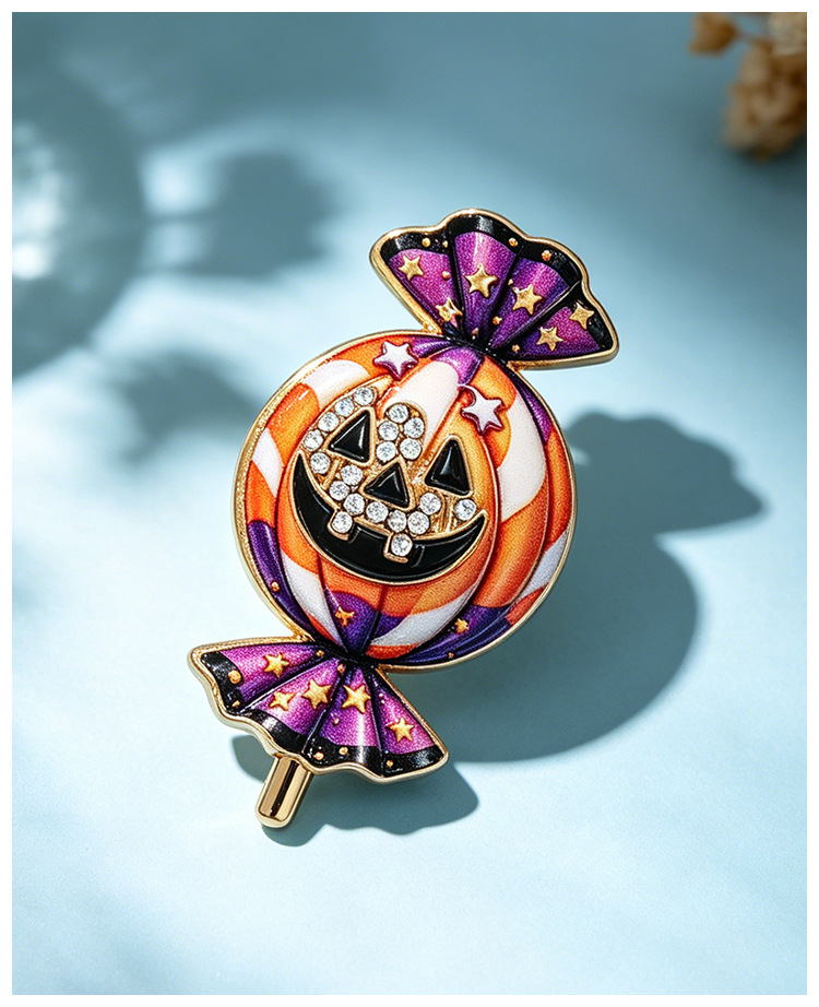 Halloween pumpkin candy brooch, striped candy-shaped, diamond-embellished enamel, eco-friendly alloy, women's suit decoration pin