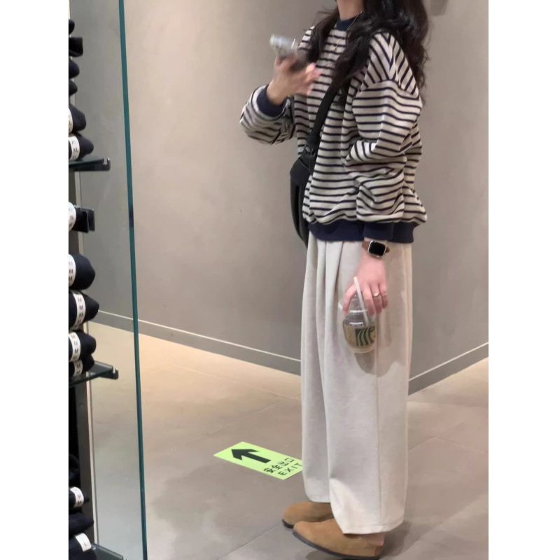 复古条纹圆领卫衣女2025早秋新款慵懒风宽松休闲显瘦长袖针织上衣|undefined