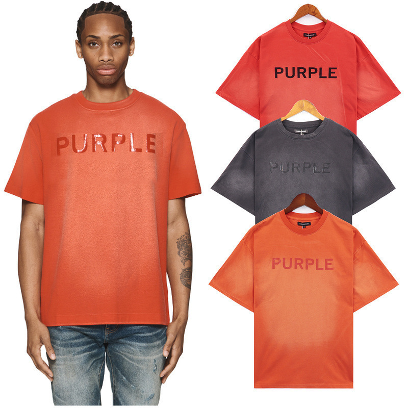 Cross-Border Purple Heavyweight Classic T-Shirt Embellished with Spelling Logo Letters Old Washable Short Sleeve Men's and Women's