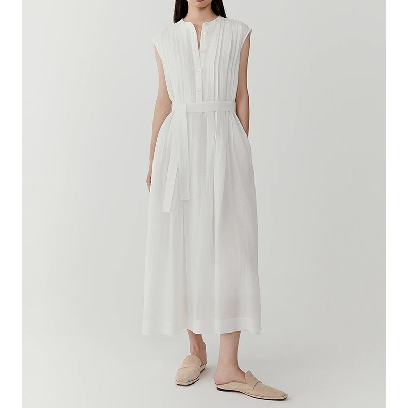 IC Xiaohe Ramie Plain Cloth Medium Length dress 2025 Summer New Sleeveless High-Level Elegant Commuter White Skirt