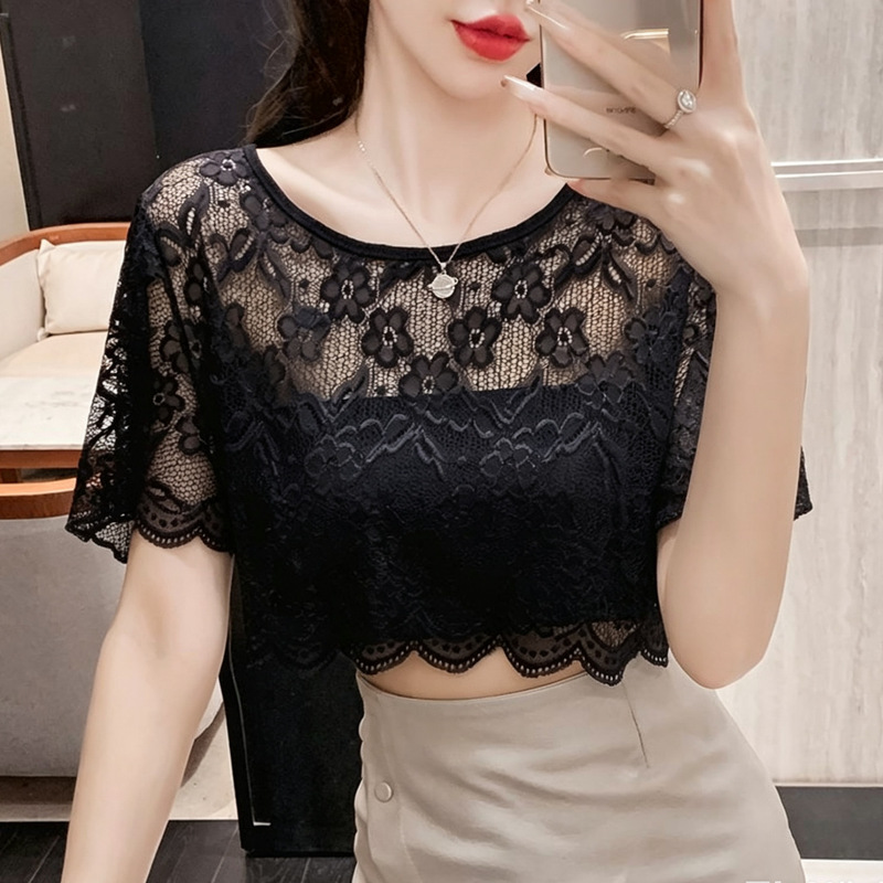 Half-Length Lace Mesh Base Shirt for Women, Summer Thin Style, Suitable for Wearing under a Slip Dress, Short-Sleeve T-Shirt, Solid Color Short Lace Top Half-Length Lace Mesh Base Shirt for Women, Summer Thin Style, Suitable for Wearing under a Slip Dress, Short-Sleeve T-Shirt, Solid Color Short Lace Top