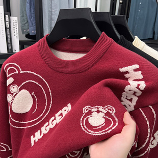 Brand Men's Chinese Red Crewneck Thickened Warm Sweater Autumn and Winter Letter Jacquard All-match Casual Knitted Base Shirt