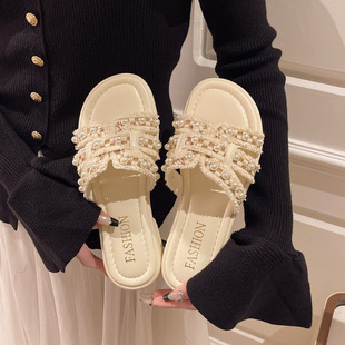 Summer Beach Style Spring Flat Slippers for Women to Wear Outside 2025 Fairy Soft-Soled Sandals Pearl Versatile New Style