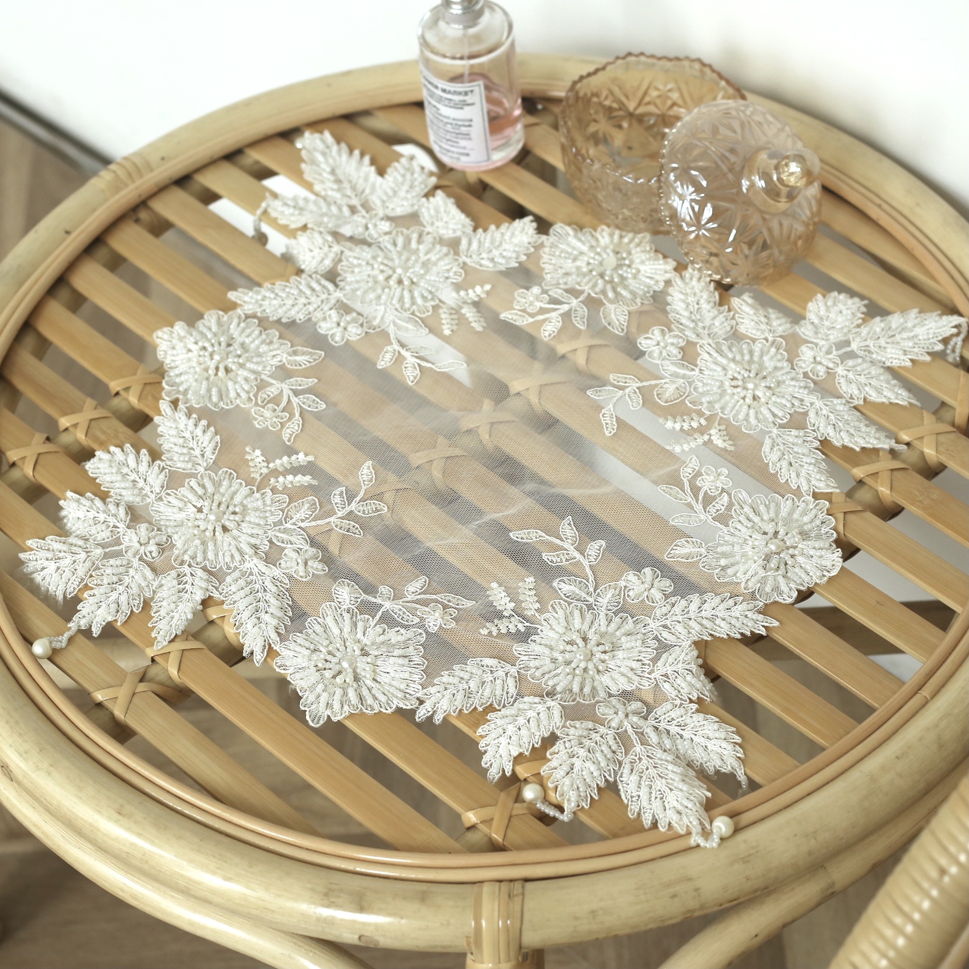 European Handmade Pearl Lace Embroidery Cover Cloth Korean Mesh Dustproof Decorative Cloth Tea Set Lamp Bedside Table Cover Cloth