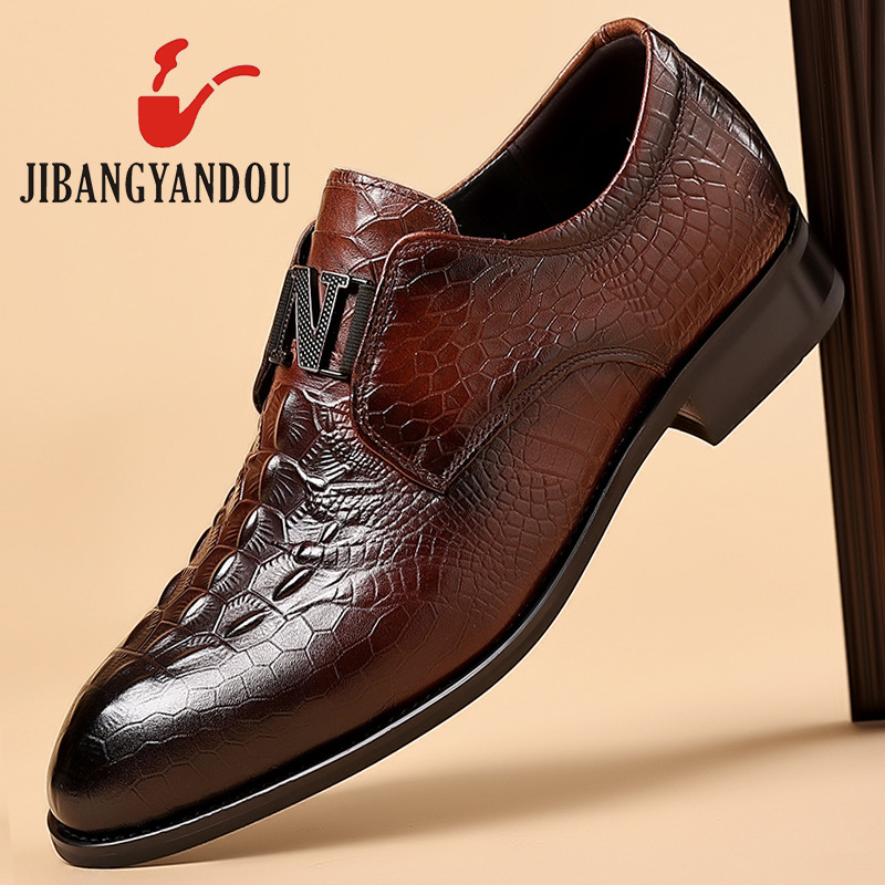 genuine goods Pipe Top Layer Pure Cowhide Inside Genuine Leather Crocodile Embossed Leather Shoes Men's Leather Soft Sole Soft Business Casual