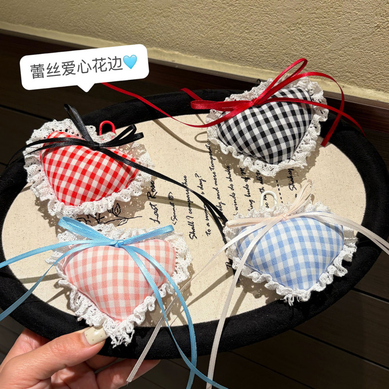 New Sweet Heart-Shaped Lace Plaid Ribbon Keychain Ins College Style Girly Backpack Pendant Gift