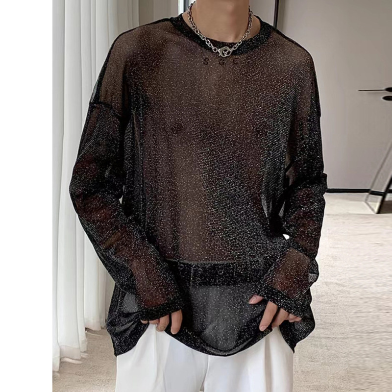 Mesh Long-Sleeved Off-Shoulder See-Through T-Shirt Men's Sexy Nightclub Clothing Shiny Breathable Mesh Bottoming Shirt Men's Performance Clothing