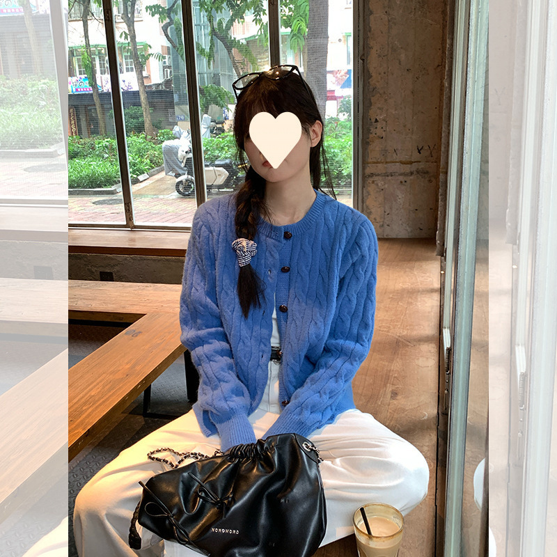 鹅黄色麻花针织开衫女春季新款外套排扣设计感长袖宽松上衣|undefined