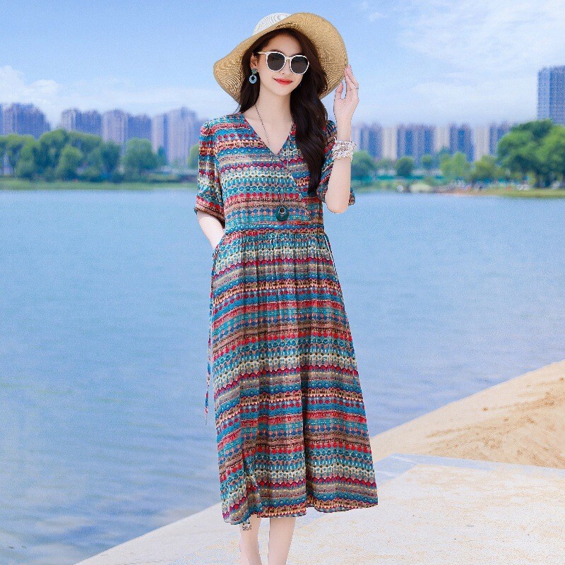French Style Cotton Silk dress Women's Summer High-end Exquisite Mother Elegant Elegant New Printed Slim Beach Skirt
