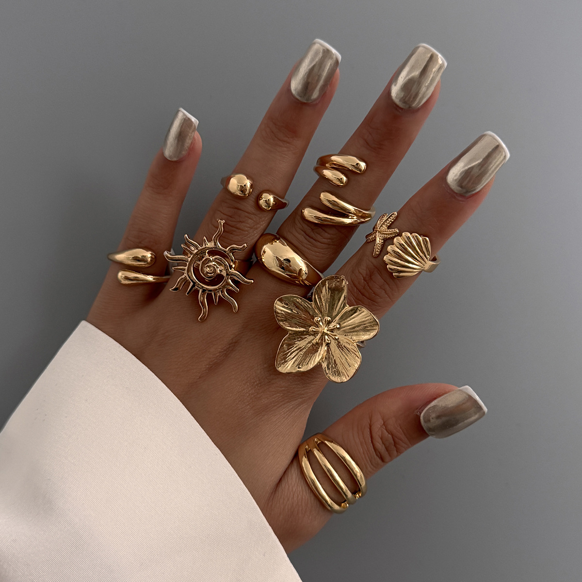 European and American Cross-Border Fresh Holiday Fan Shell Starfish Open Ring Women's Ocean Metallic Personalized Ring Jewelry