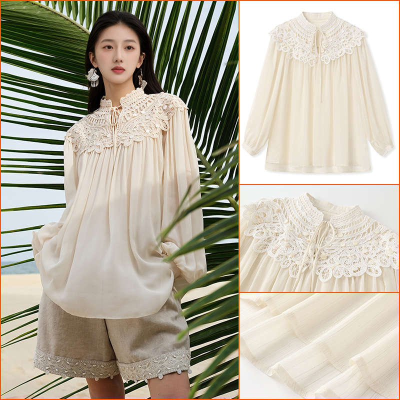 Early Autumn Gentle and Elegant Style High-End Women's Shirt, New National Fashion Water-Soluble Lace Cloud Shoulder Top N7039
