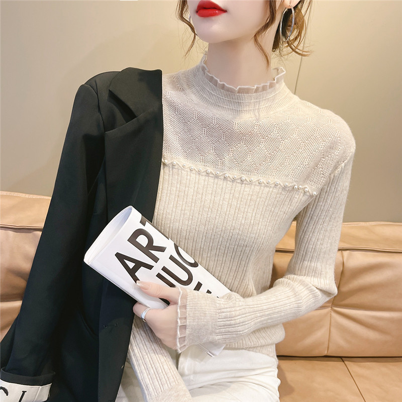 2024 Spring and Autumn New Sweet Universal Base Shirt Women's Half Turtleneck Sweater Slim-fit Lace Inner Sweater Top