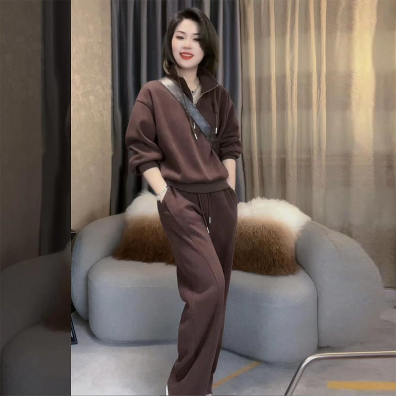 洋气减龄休闲运动套装女秋冬大码显瘦欧货半拉链卫衣阔腿裤两件套|undefined