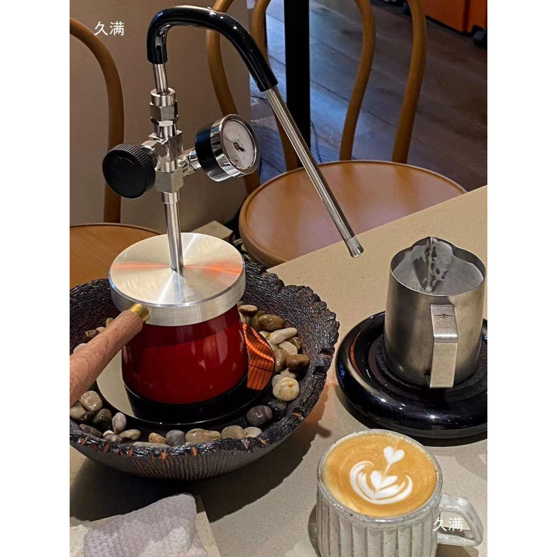 4Bar Steam Machine with Realistic Outdoor Moka Pot, Tube Latte Art, Double-Layer Milk Frother, Minimalist Style, Others