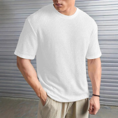半袖メンズソリッドカラーテクスチャークルーネックTシャツ、