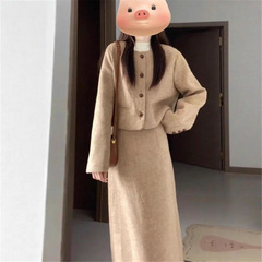 早秋韩系穿搭套装小香风感毛呢外套半身裙大方得体穿搭两件套