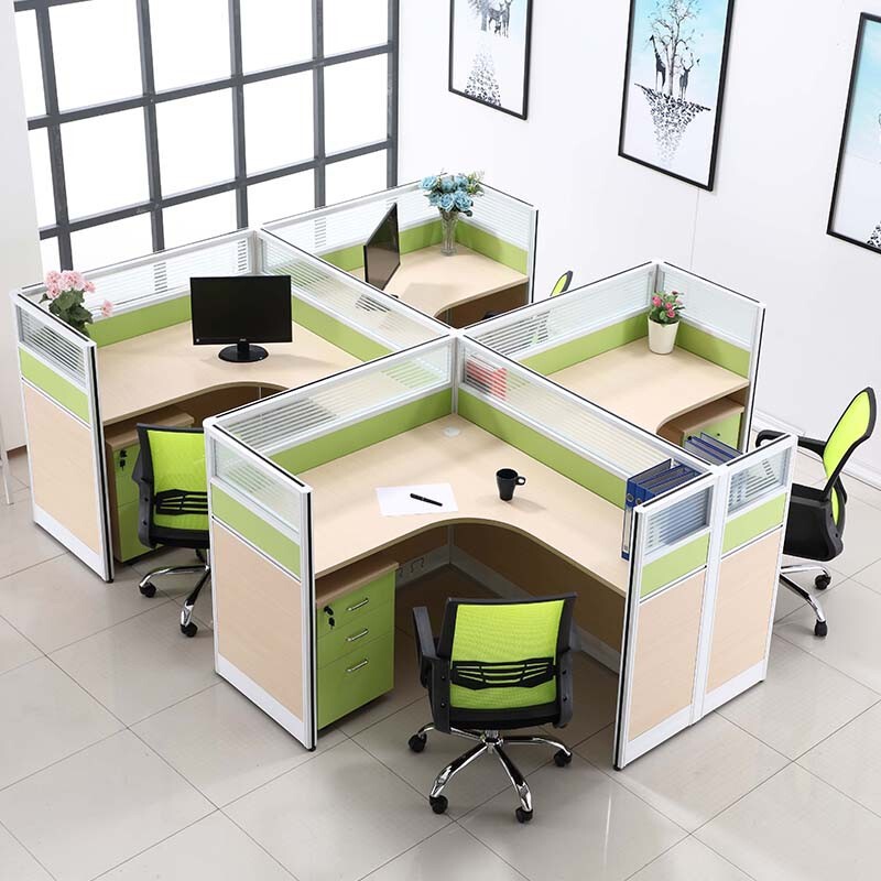 Office Desk and Workstation Combination, 6/4-Person Corner Workstation, Green Workstation, Partitioned Office Desk and Chairs