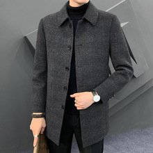 FW4351  2021冬季新款時尚潮流男士格子印花翻領中長款大衣外套