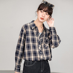 港风复古格子衬衫女2025秋季新款bf风宽松个性街头叠穿长袖衬衣潮