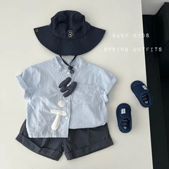 男の子の夏服、夏の子供用ゆったりハンサムシャツとショートパンツスーツ、幼児のお出かけツーピーストレンドセット