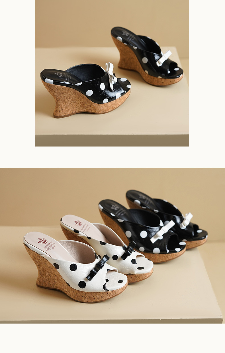 Sandal hở mũi nữ gót xuồng cao 9 cm, quai ngang đính nơ bướm chấm bi, đế dày — màu đen, màu trắng ngà chi tiết 6